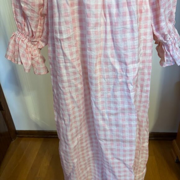 SLEEPER Of the Shoulder Midi Pink Gingham Dress - Pink/White - size Large - Picture 7 of 16